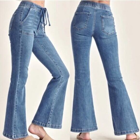 Risen Denim Mid Rise Flare Jeans With Drawstring and Front Pockets Blue 5 / 27 - Picture 3 of 13